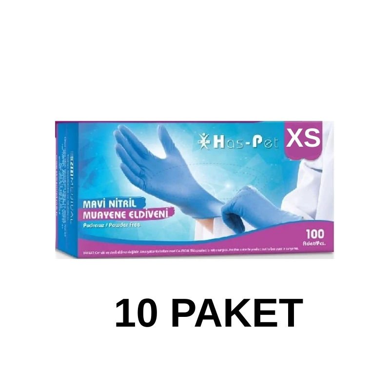 Has-Pet Mavi Pudrasız Nitril Muayene Eldiveni XS 100 Lü 10 Paket