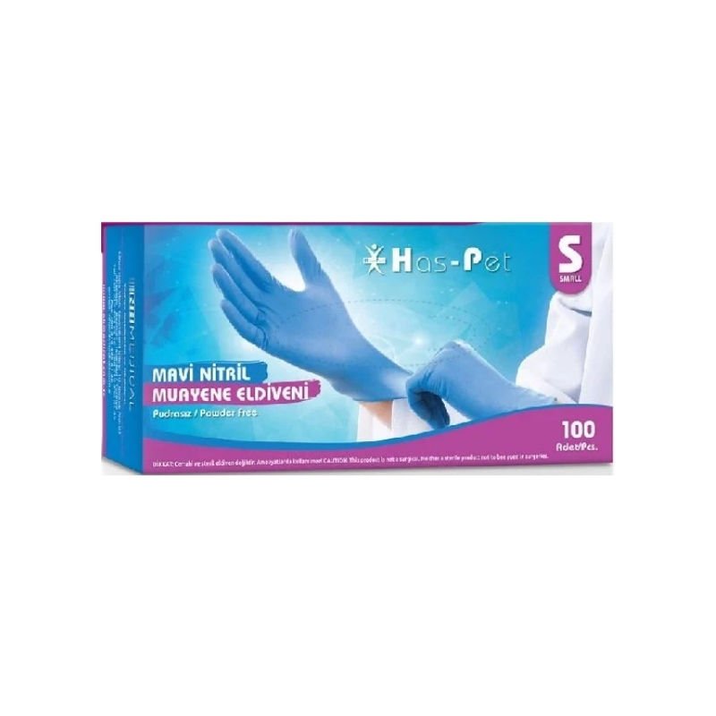 Has-Pet Mavi Pudrasız Nitril Muayene Eldiveni Small 100 Lü