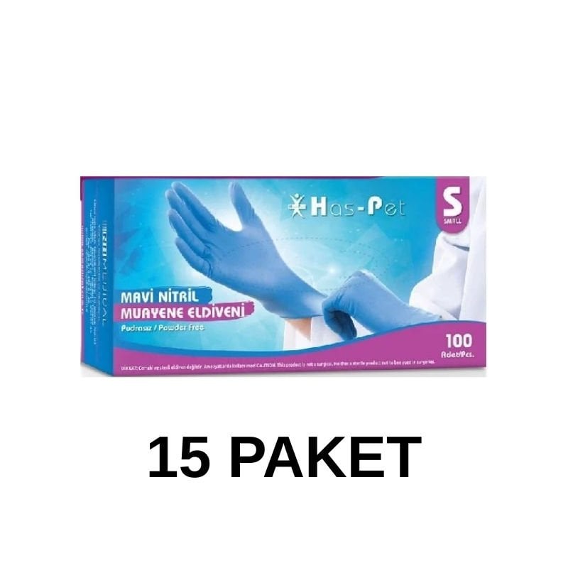 Has-Pet Mavi Pudrasız Nitril Muayene Eldiveni Small 100 Lü 15 Paket