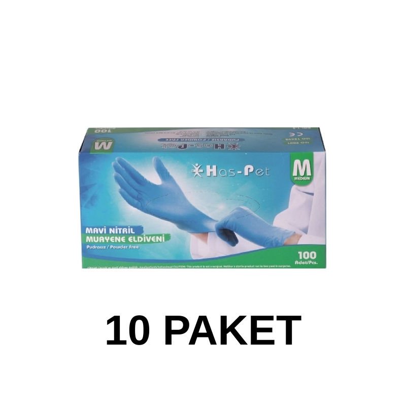 Has-Pet Mavi Pudrasız Nitril Muayene Eldiveni Medium 100 Lü 10 Paket