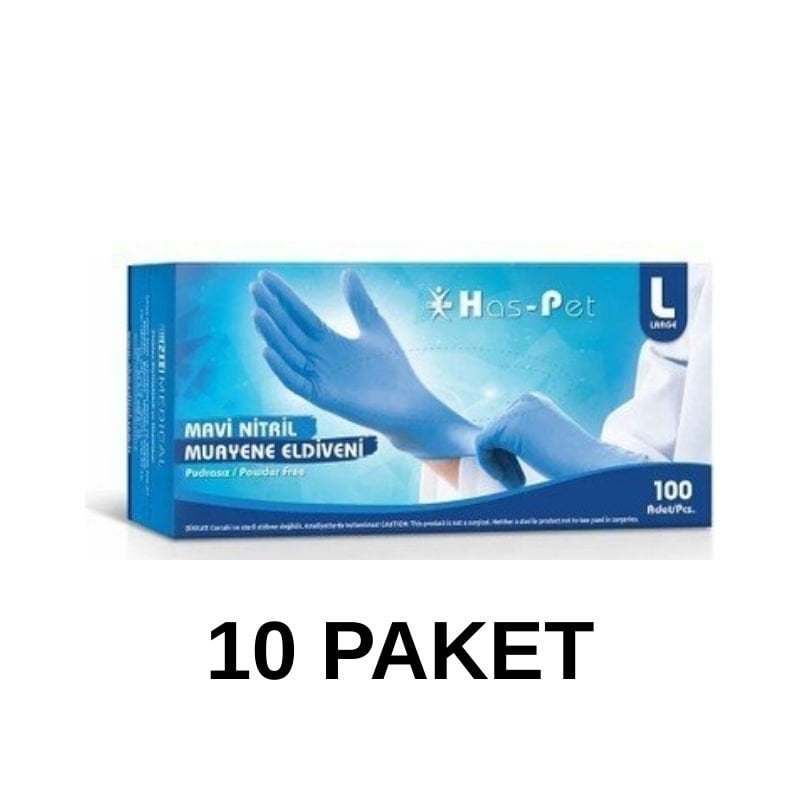 Has-Pet Mavi Pudrasız Nitril Muayene Eldiveni Large 100 Lü 10 Paket