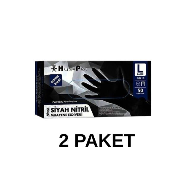 Has-Pet Siyah Pudrasız Nitril Ekstra Kalın Muayene Eldiveni Large  50 Li 2 Paket