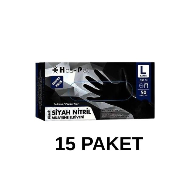 Has-Pet Siyah Pudrasız Nitril Ekstra Kalın Muayene Eldiveni Large  50 Li 15 Paket