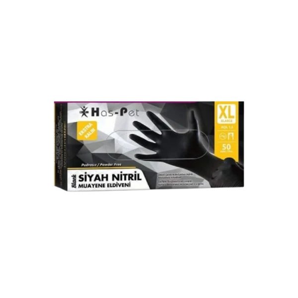 Has-Pet Siyah Pudrasız Nitril Ekstra Kalın Muayene Eldiveni XL  50 Li