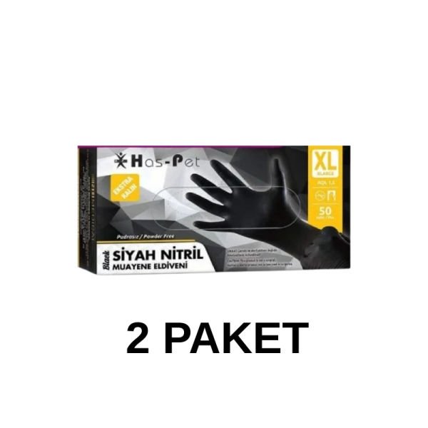 Has-Pet Siyah Pudrasız Nitril Ekstra Kalın Muayene Eldiveni XL  50 Li 2 Paket
