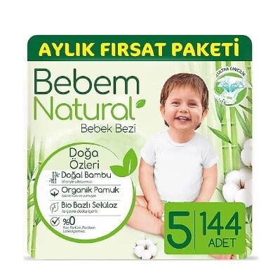 حفاضات بيبيم الطبيعية للأطفال - عرض خاص - عبوة من 5 قطع - مقاس 72×2 - 144 قطعة