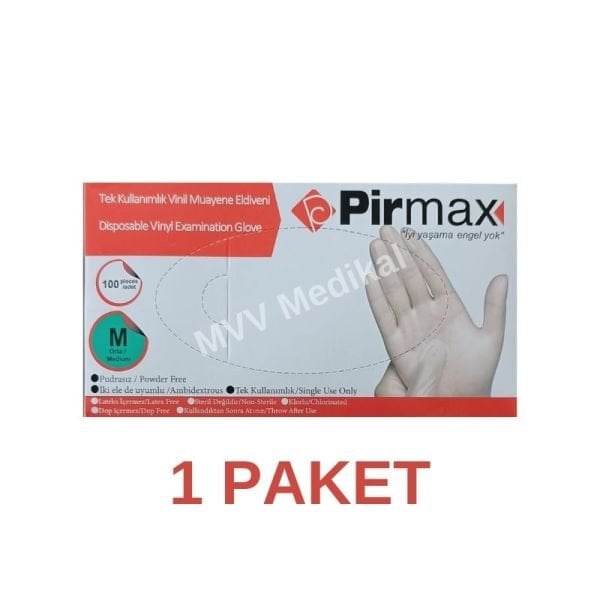 Pirmax Tek Kullanımlık Vinil Muayene Eldiveni Medium 100 Adet