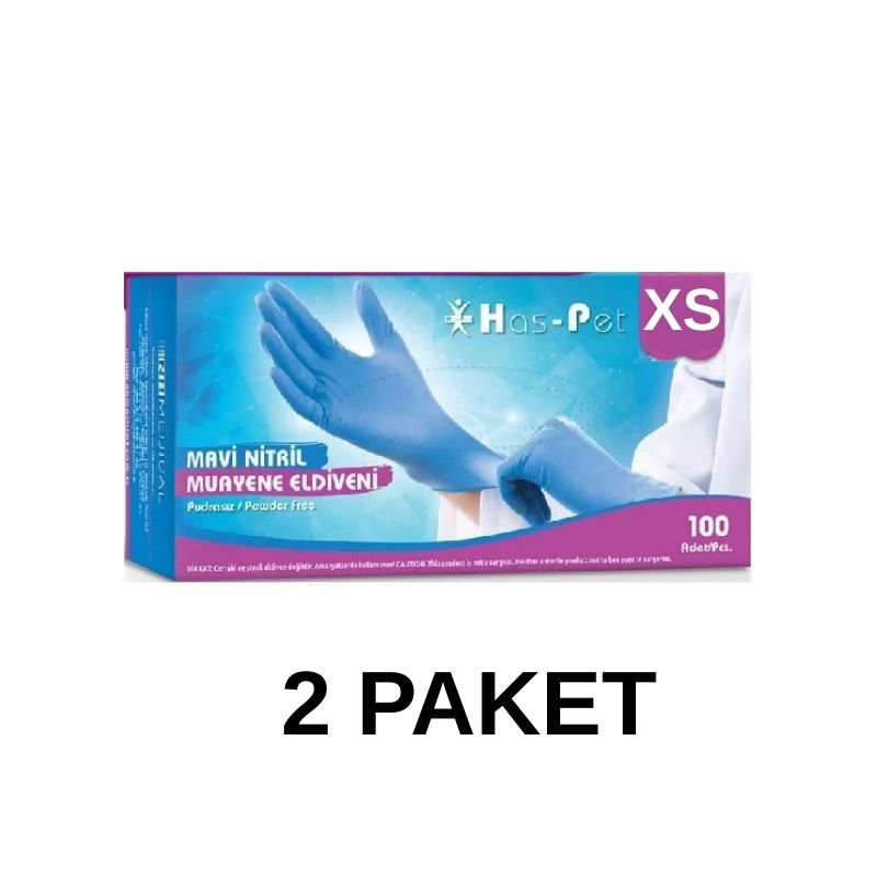 Has-Pet Mavi Pudrasız Nitril Muayene Eldiveni XS 100 Lü 2 Paket